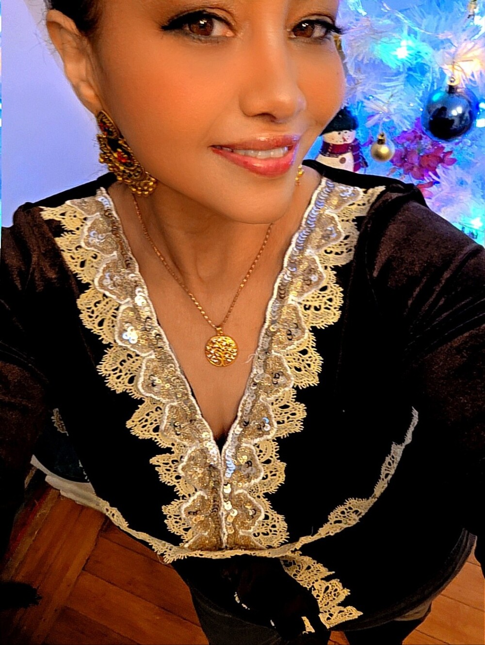 BROWN  Velvet Lace Trim Tie-Front Top